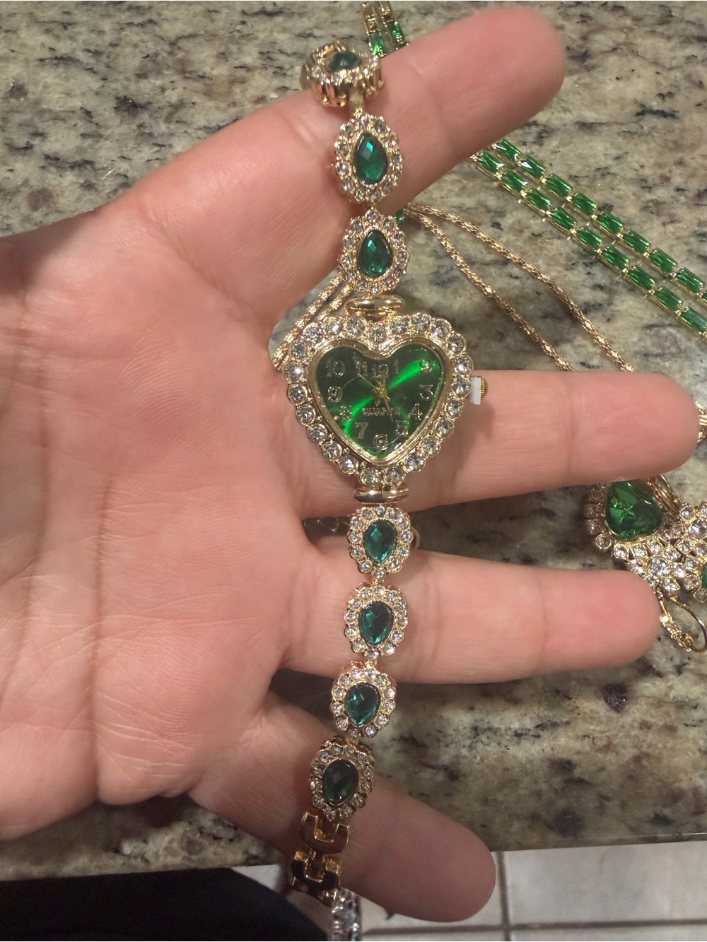 Gold-Tone Heart Emerald Necklace and Earring Set - Green - Picture 2 of 4